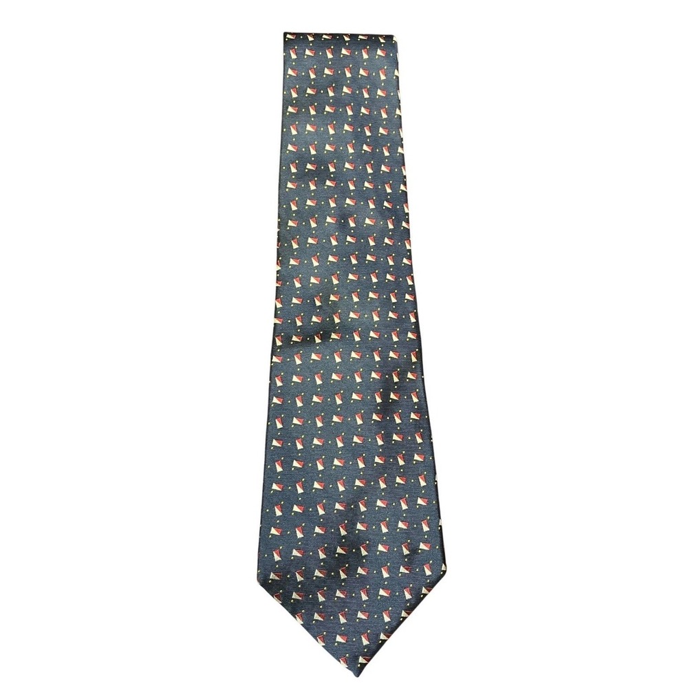 Polo Ralph Lauren Mens Silk Tie Navy Blue Geometric Nautical Flag Print USA Made